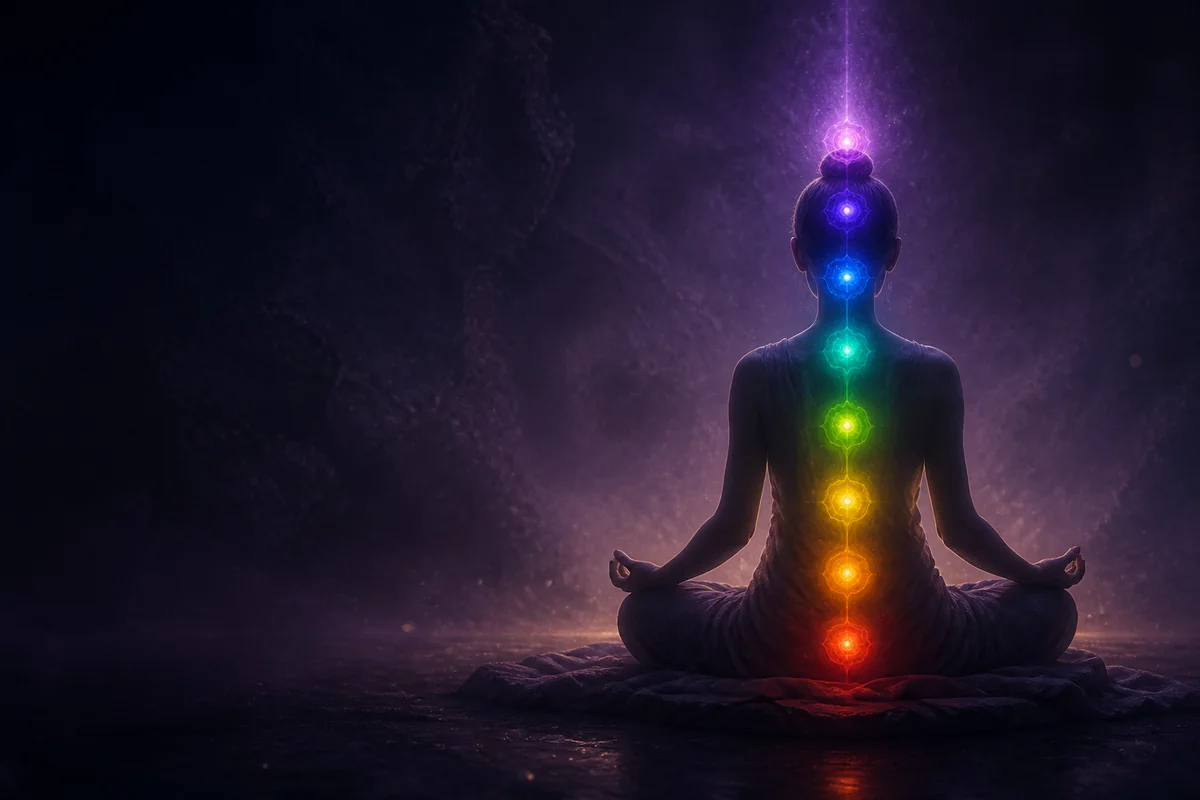 Sete centros de energia iluminados durante uma meditação