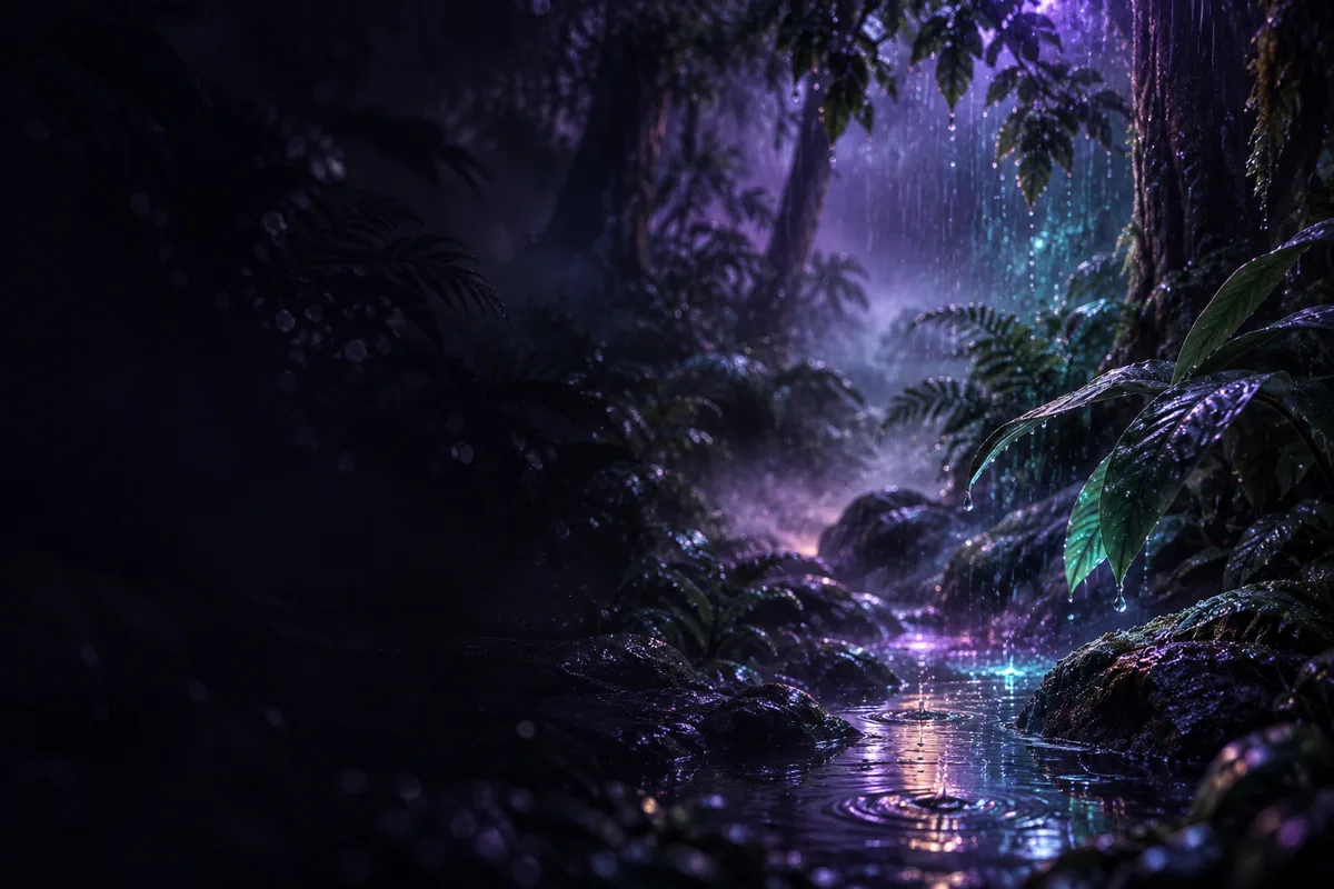 Chuva caindo sobre a mata iluminada à noite