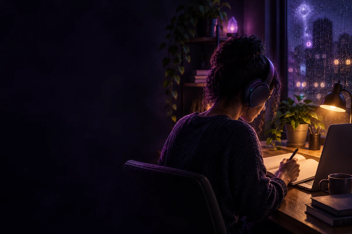 Pessoa estudando à noite com fones de ouvido enquanto chove na janela