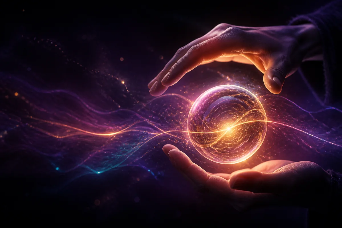 Mãos envolvendo uma esfera luminosa de intenção