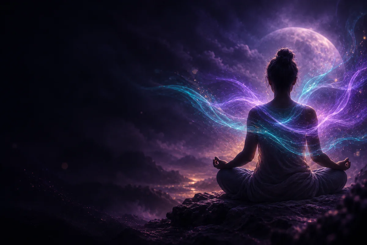 Silhueta em meditação envolvida por ondas de luz