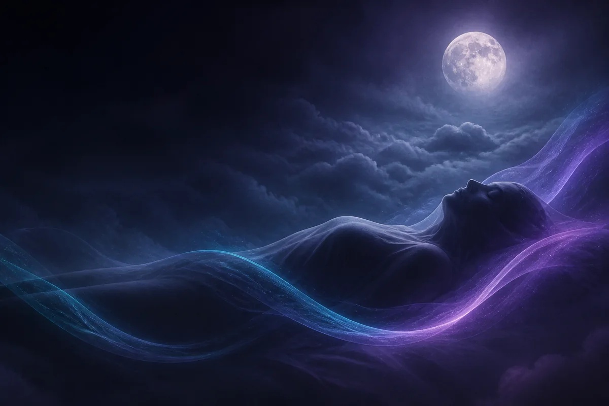 Silhueta repousando sob ondas suaves de luz noturna